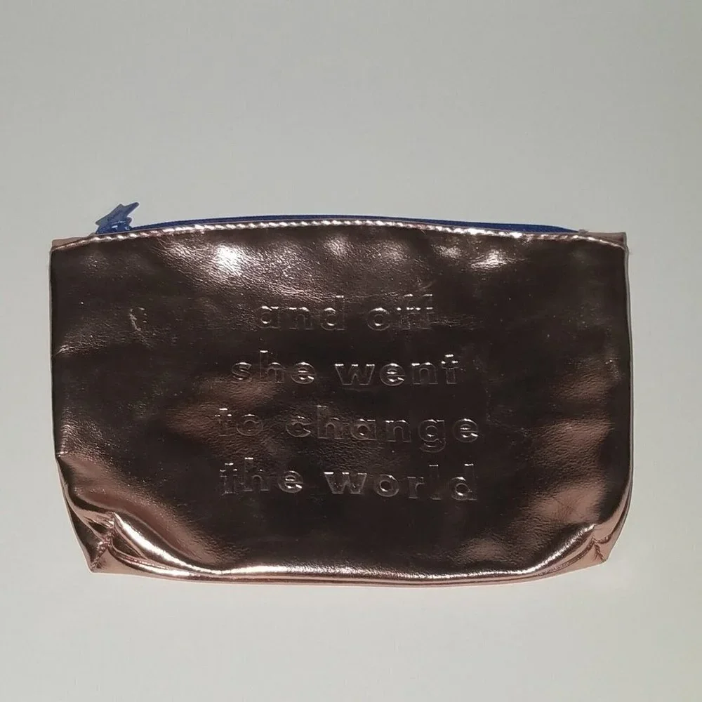 ipsy Off She Went To Change World Cosmetics Makeup Bag Metallic Rose Graduation